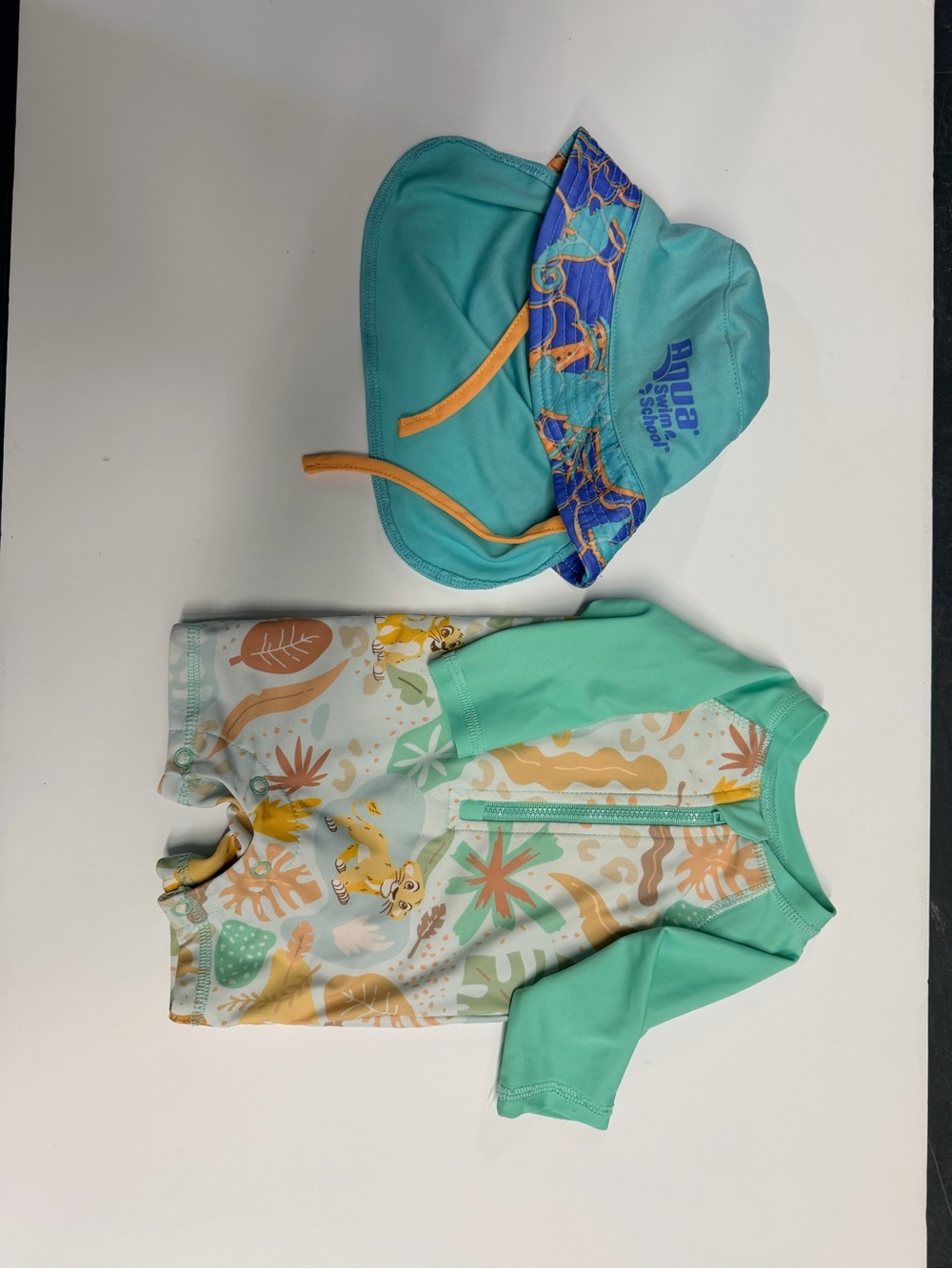 Disney Kids One-Piece Swimsuit and Sun Hat in Teal, Aqua, Yellow